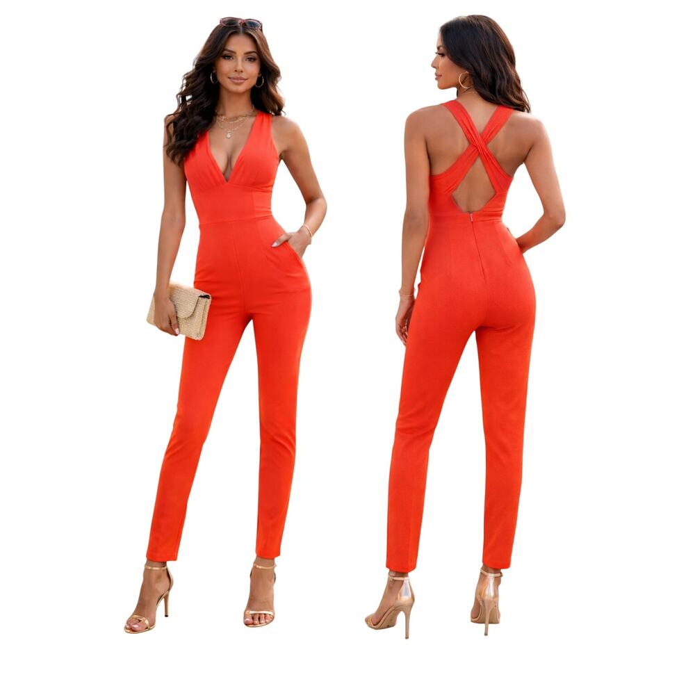 VNTG Orange Plunging X-Back Jumpsuit Slim Straight Leg Size Small